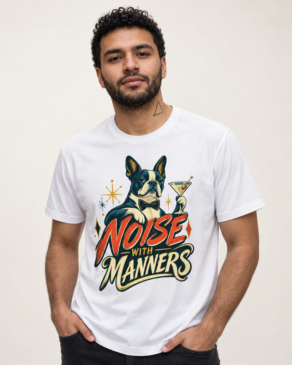 Boston Terrier Noise With Manners Cocktail Graphic T-Shirt in White, worn by a model