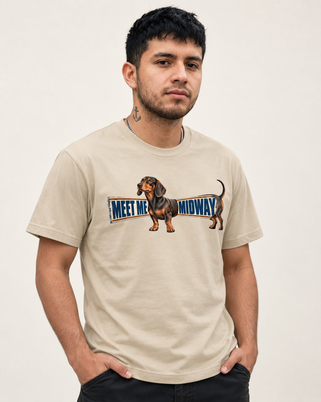 Dachshund Meet Me Midway T-Shirt in Sand, worn by a model