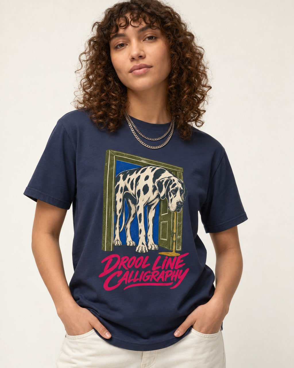Great Dane Drool Line Calligraphy Doorway Graphic T-Shirt in Navy, worn by a model