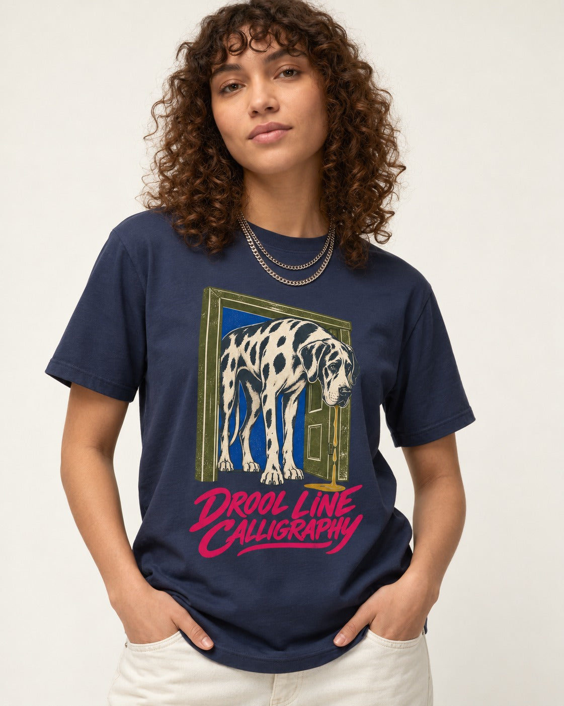 Great Dane Drool Line Calligraphy Doorway Graphic T-Shirt in Navy, worn by a model
