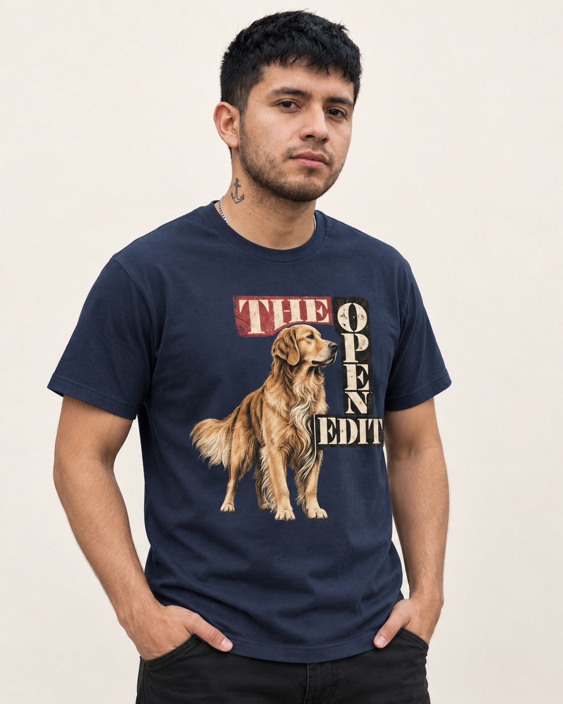 Golden Retriever The Open Edit Typography Portrait Graphic T-Shirt in Navy, worn by a model