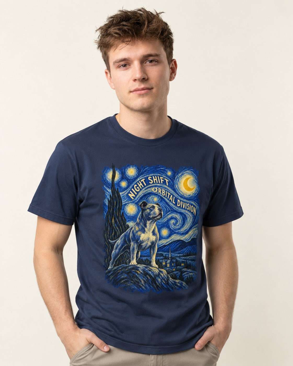 Pitbull Night Shift Orbital Division Starry Night Graphic T-Shirt in Navy, worn by a model
