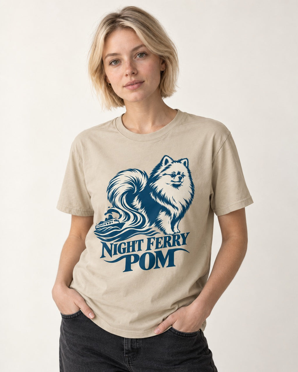 Night Ferry Pomeranian T-Shirt in Sand, worn by a model