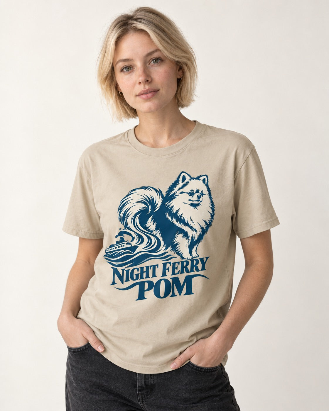 Night Ferry Pomeranian T-Shirt in Sand, worn by a model