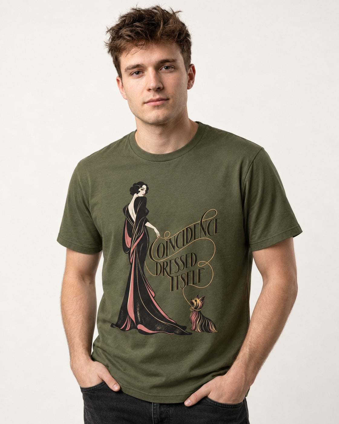 Yorkshire Terrier Coincidence Dressed Itself Art Deco Graphic T-Shirt in Heather Military Green, worn by a model