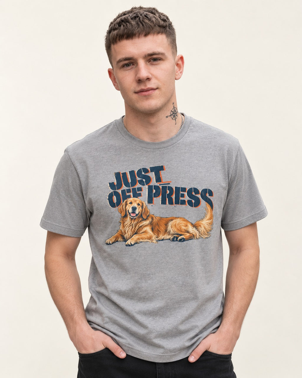 Golden Retriever Just Off Press T-Shirt in Sport Grey, worn by a model