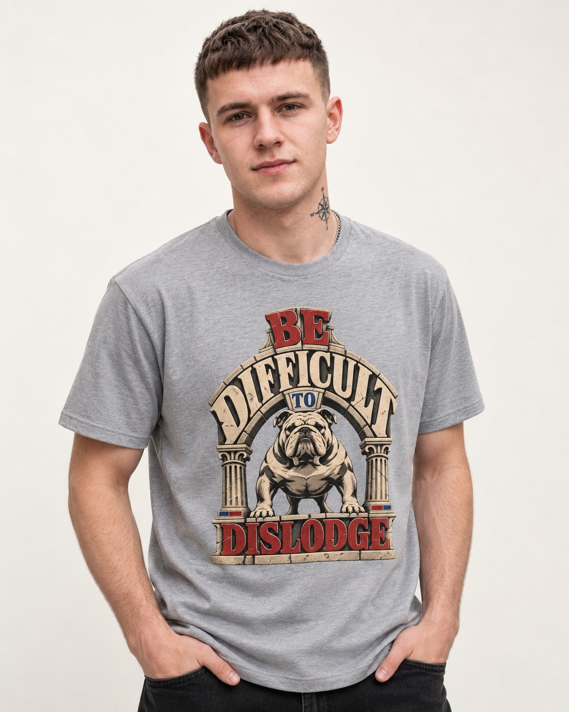 English Bulldog Be Difficult to Dislodge Stone Arch Graphic T-Shirt in Sport Grey, worn by a model