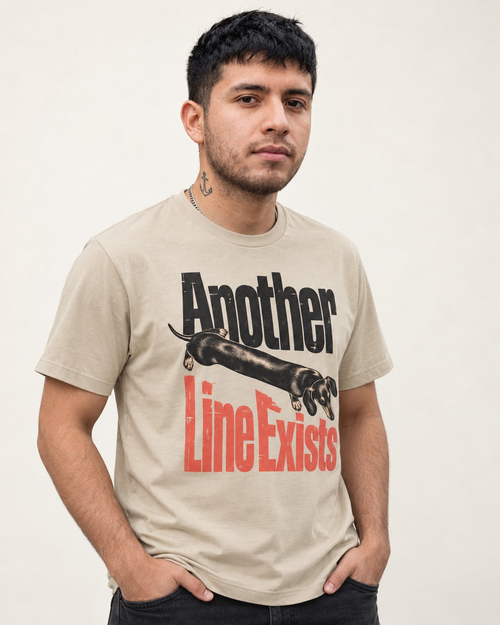 Another Dachshund Line Exists T-Shirt in Sand, worn by a model