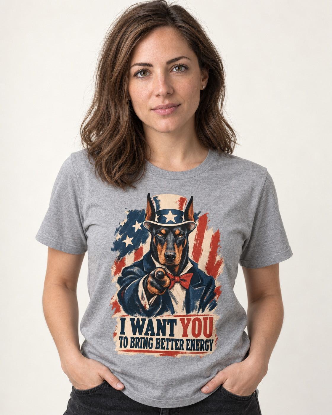 Doberman I Want You to Bring Better Energy Uncle Sam Graphic T-Shirt in Sport Grey, worn by a model