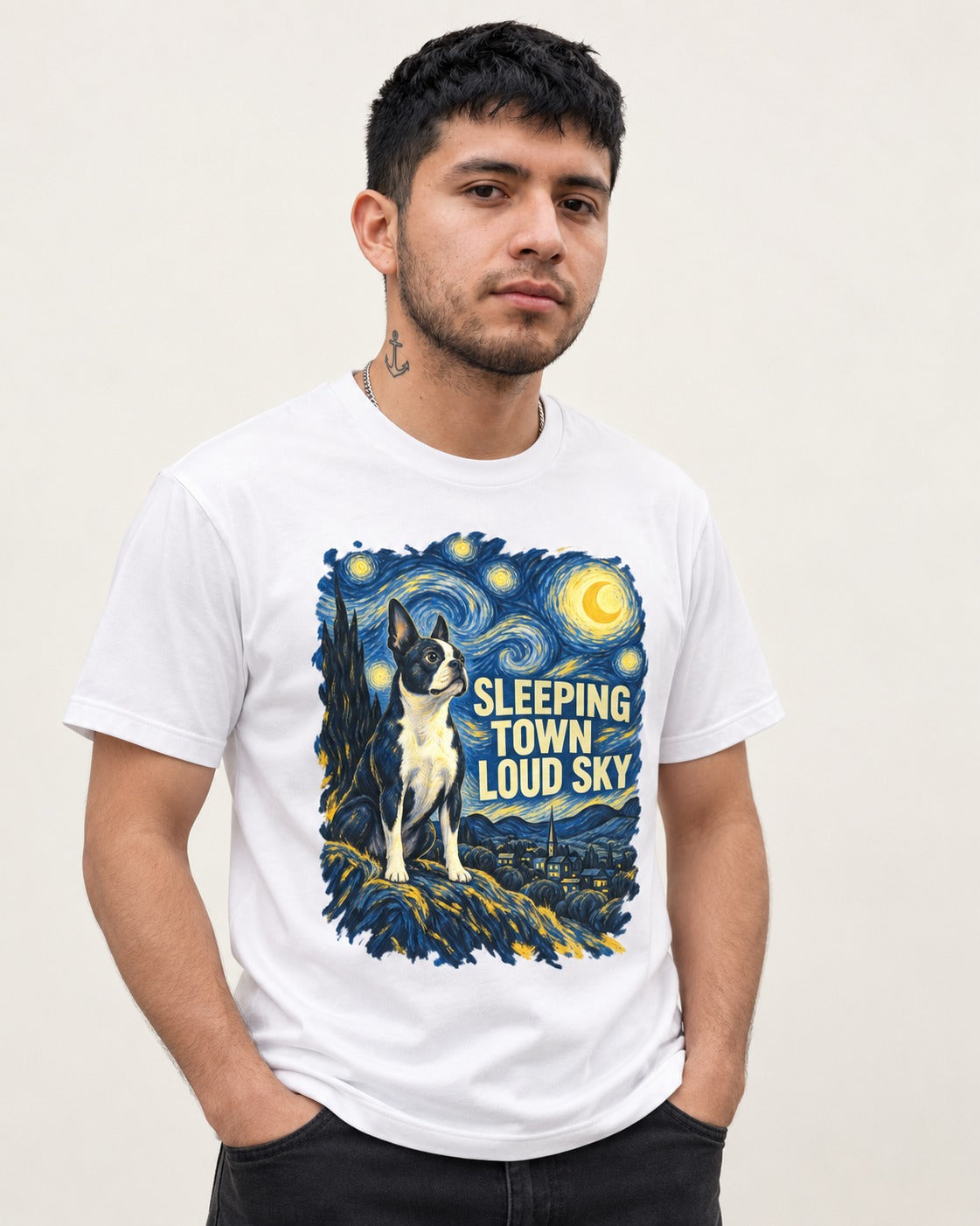 Sleeping Town Loud Sky Boston Terrier Starry Night T-Shirt in White, worn by a model