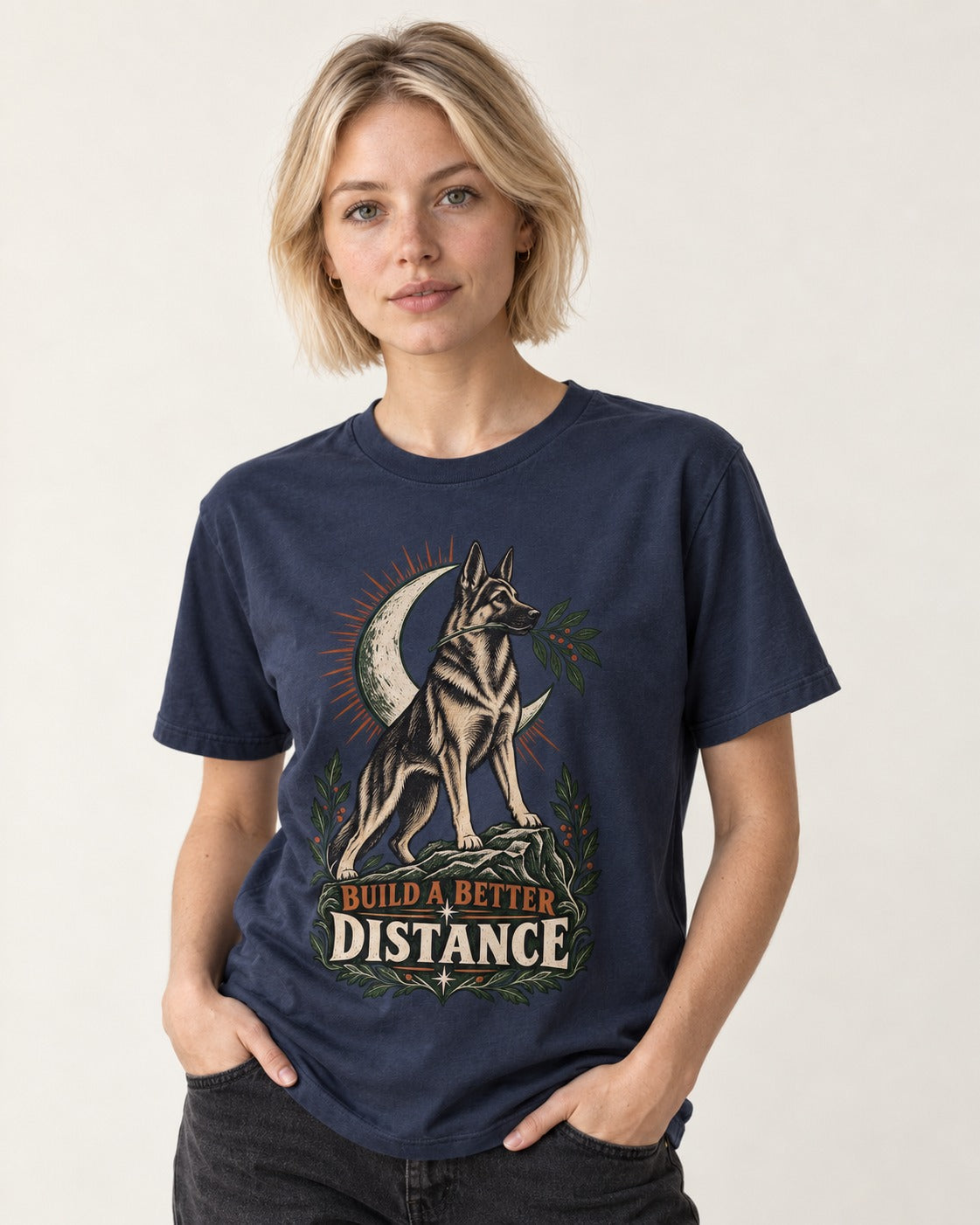 Build A Better Distance Moon Woodcut German Shepherd Dog Graphic T-Shirt in Navy, worn by a model