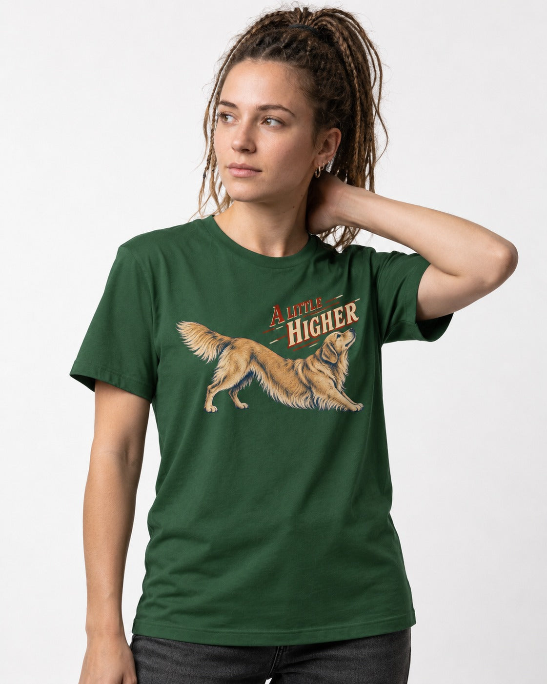 Golden Retriever A Little Higher Play Bow Graphic T-Shirt in Forest Green, worn by a model