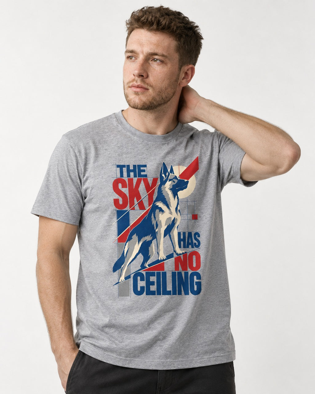 Sky Has No Ceiling German Shepherd Dog T-Shirt in Sport Grey, worn by a model