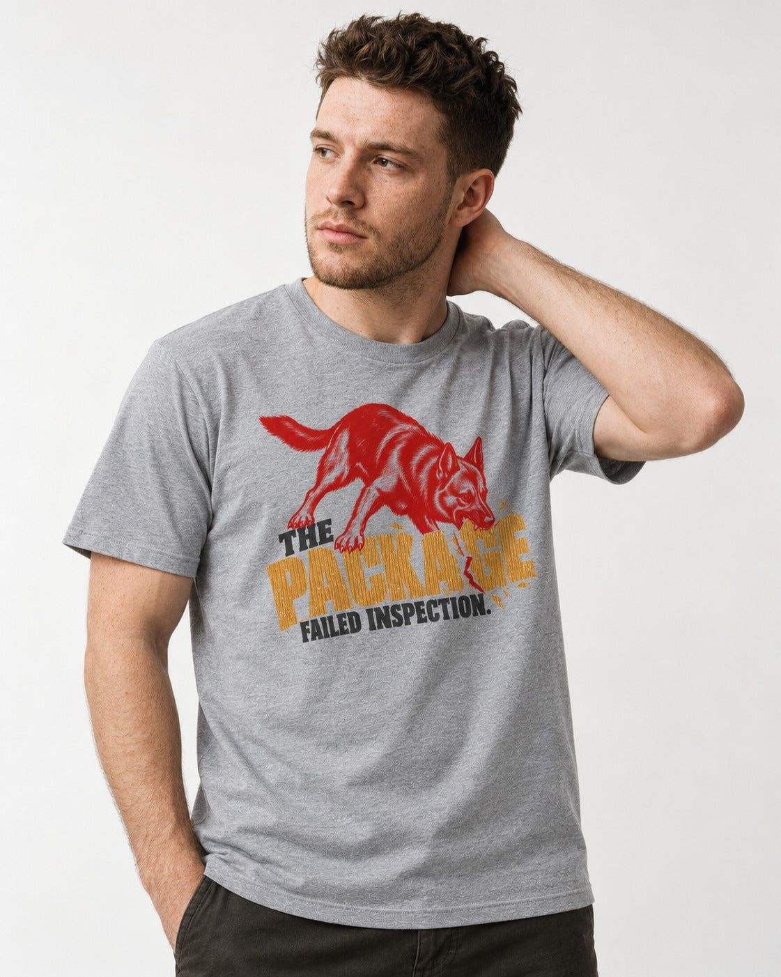 The Package Failed Inspection German Shepherd Dog T-Shirt in Sport Grey, worn by a model