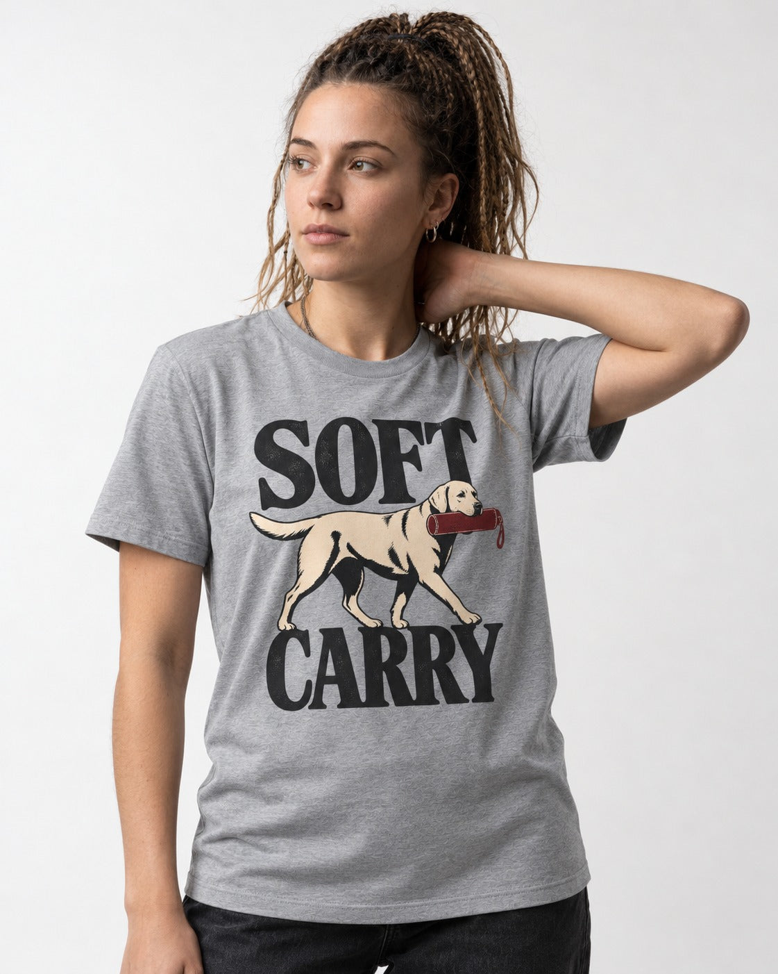 Soft Carry Labrador Retriever T-Shirt in Sport Grey, worn by a model