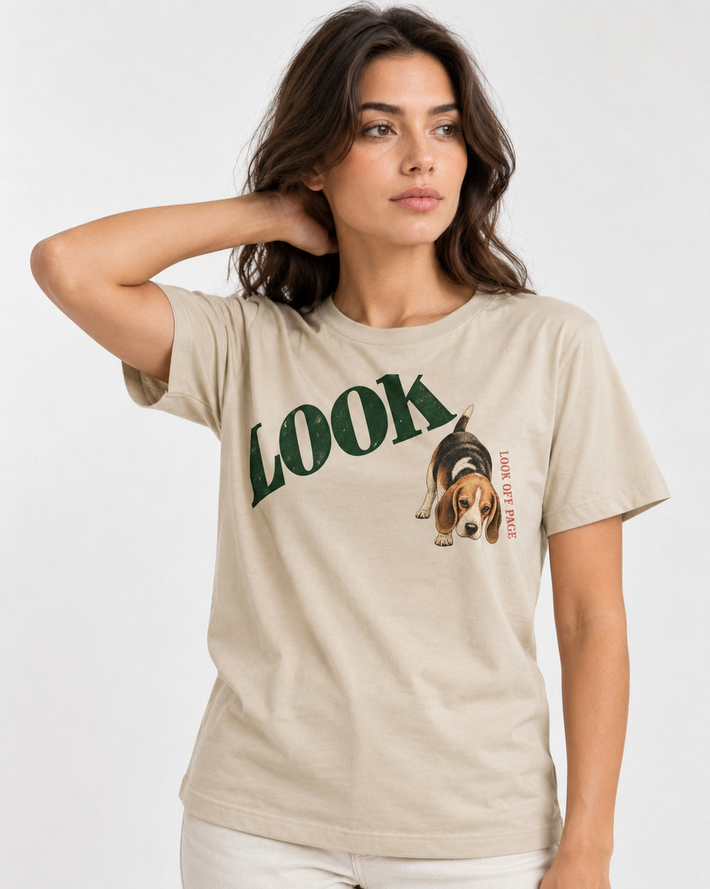 Beagle Look Off Page T-Shirt in Sand, worn by a model