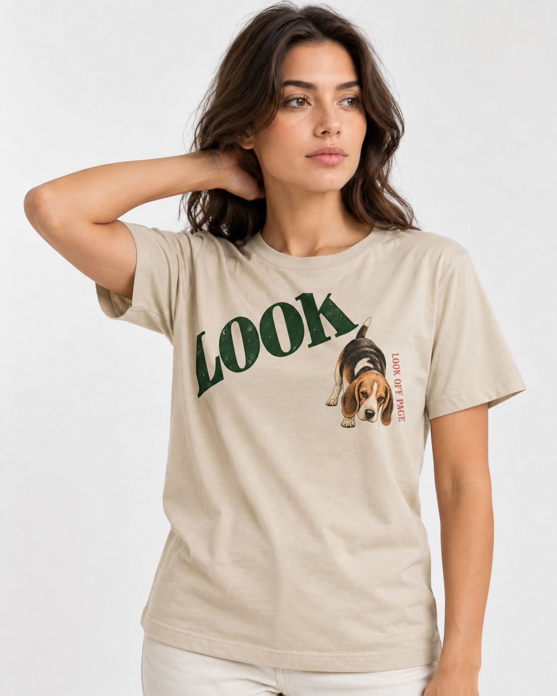 Beagle Look Off Page T-Shirt in Sand, worn by a model