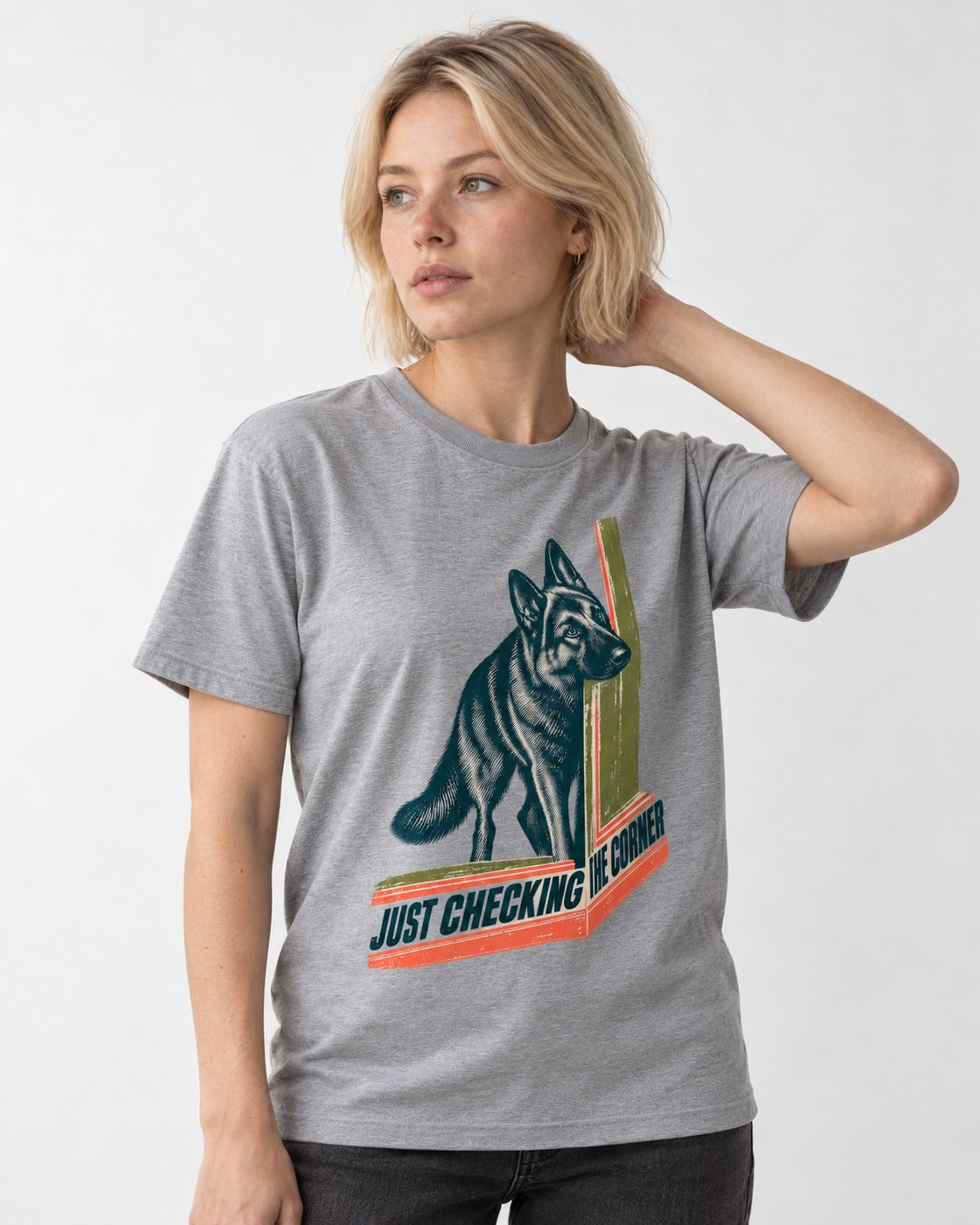 German Shepherd Dog Just Checking the Corner T-Shirt in Sport Grey, worn by a model