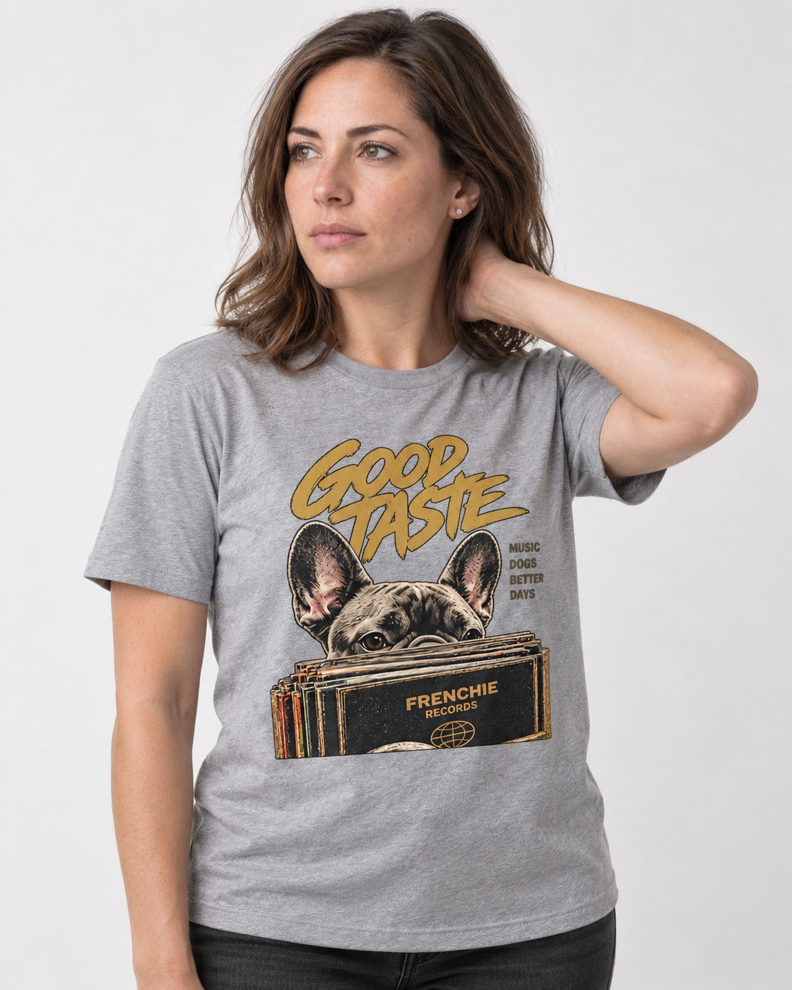 Frenchie's Good Taste T-Shirt in Sport Grey, worn by a model