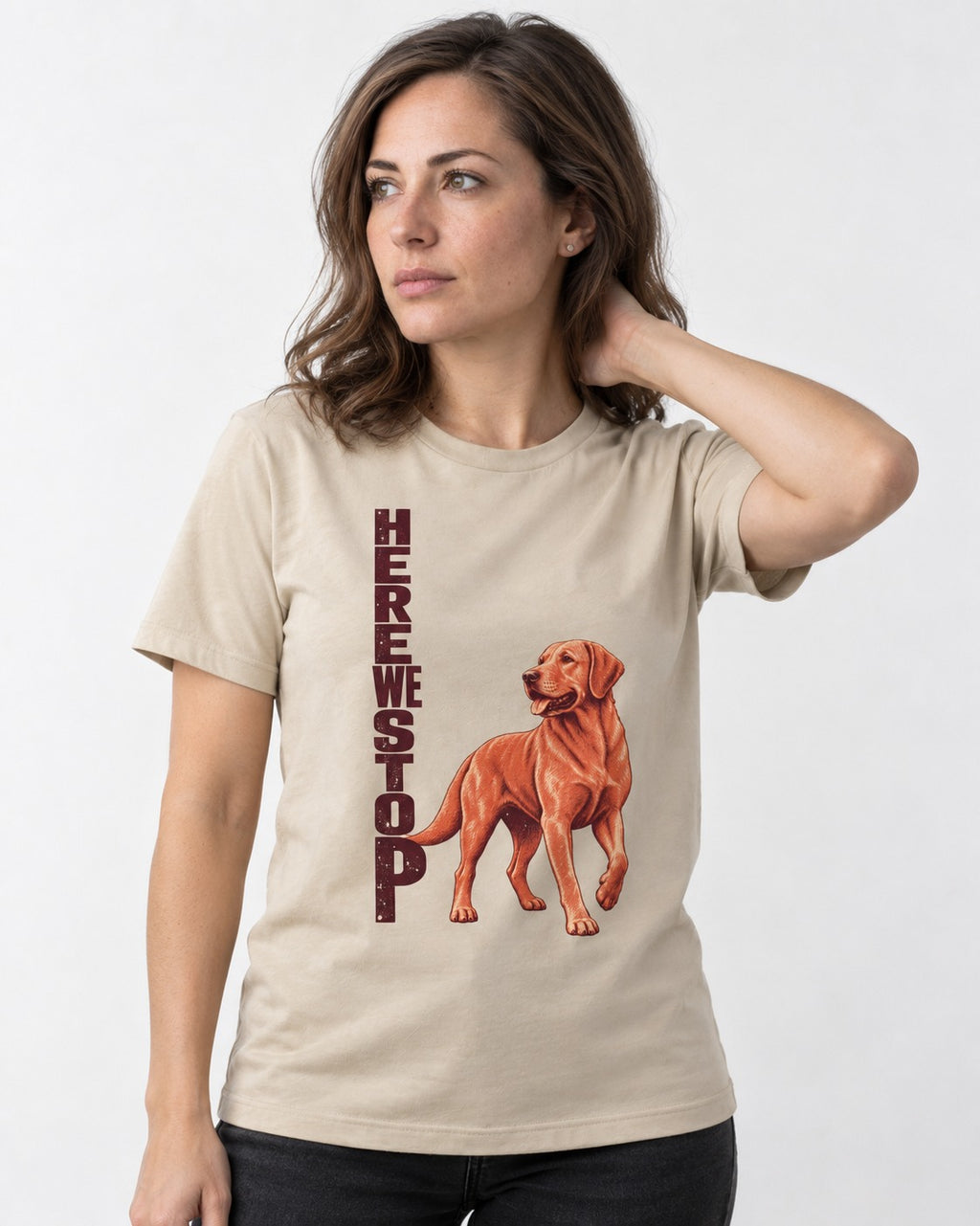 Here We Stop Labrador Retriever T-Shirt in Sand, worn by a model