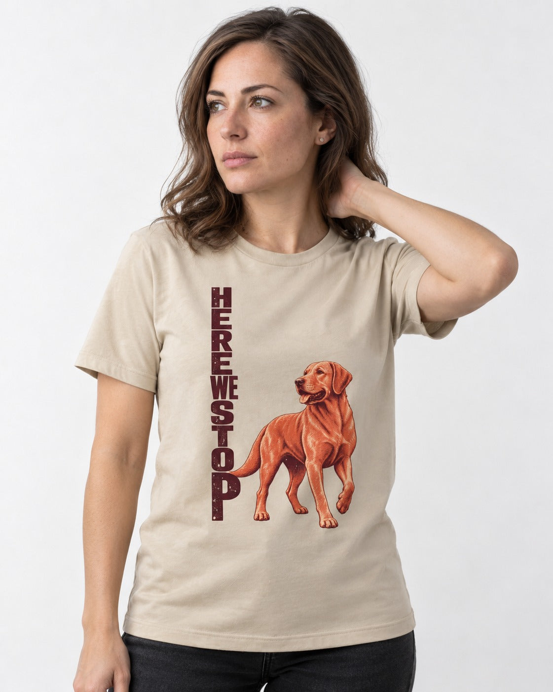 Here We Stop Labrador Retriever T-Shirt in Sand, worn by a model