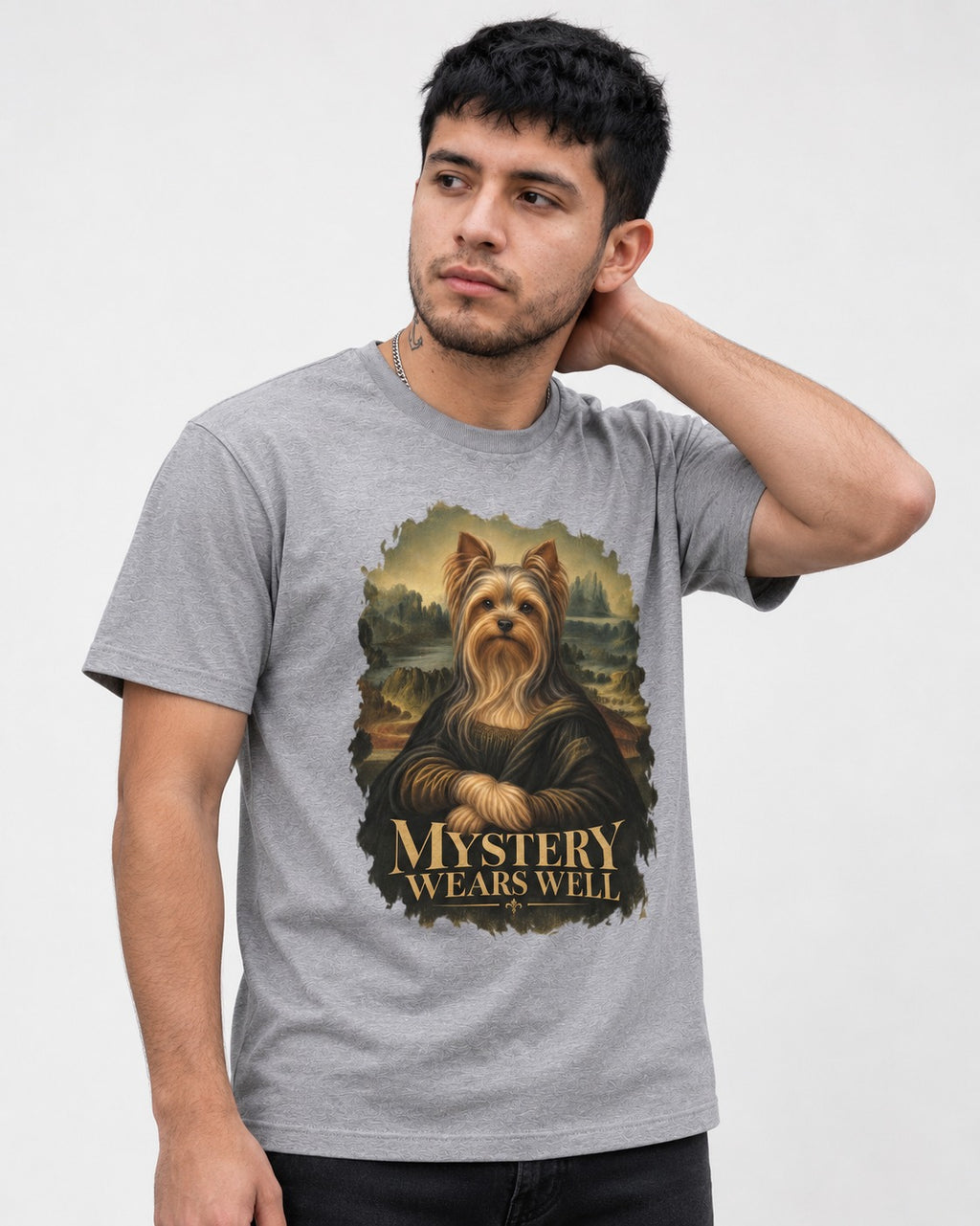 Yorkshire Terrier Mystery Wears Well Mona Lisa Portrait Graphic T-Shirt in Sport Grey, worn by a model