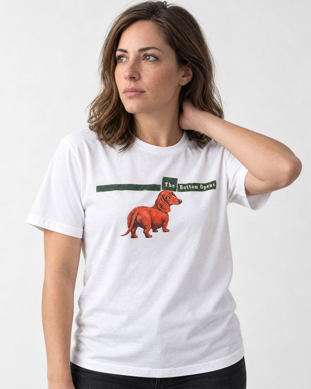 Dachshund The Bottom Opens Signpost Graphic T-Shirt in White, worn by a model