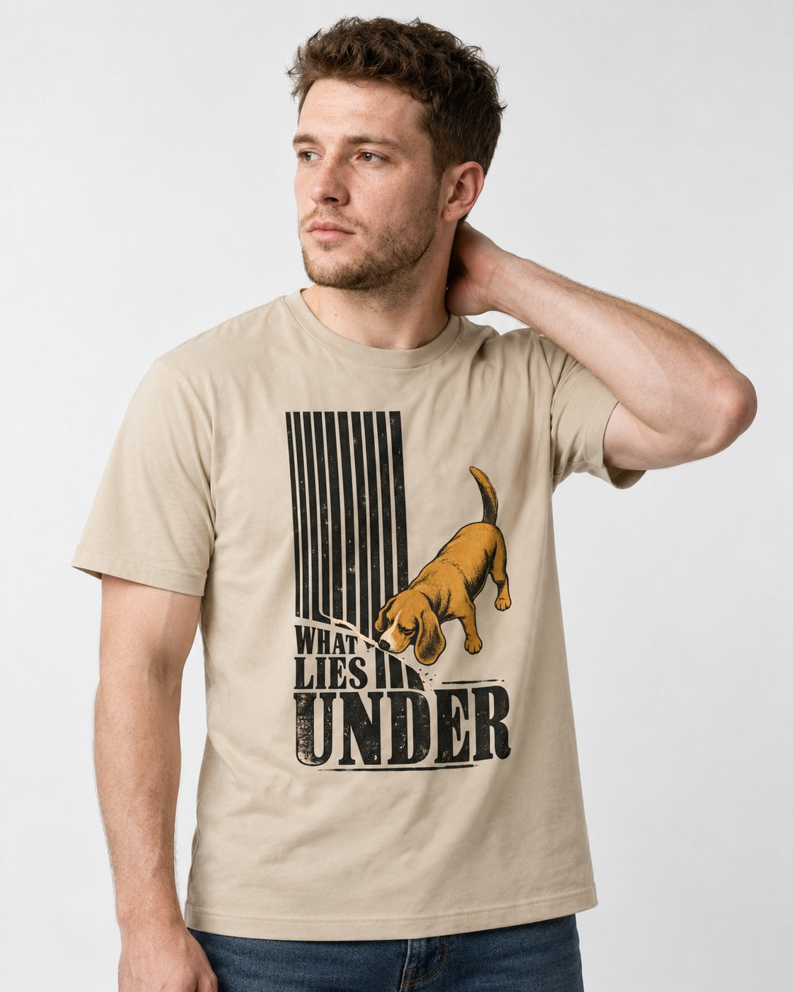 Beagle Knows What Lies Under T-Shirt in Sand, worn by a model