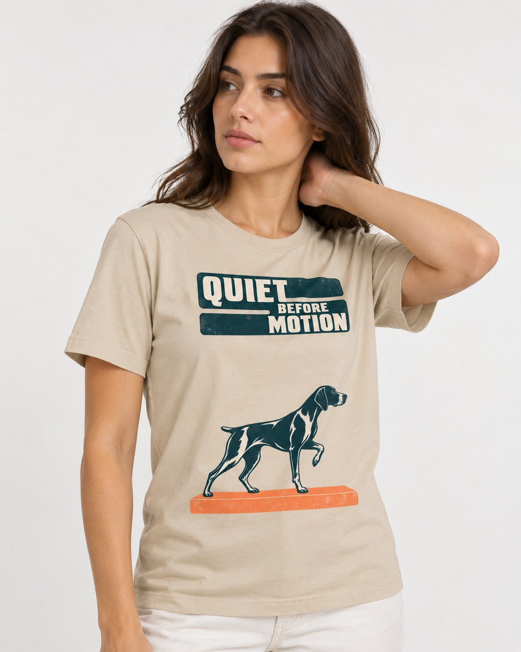 Quiet Before Motion German Shorthaired Pointer T-Shirt in Sand, worn by a model