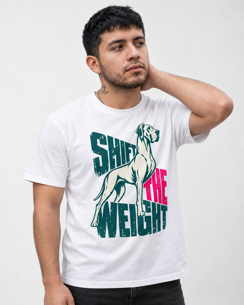 Great Dane Shift the Weight Standing Graphic T-Shirt in White, worn by a model