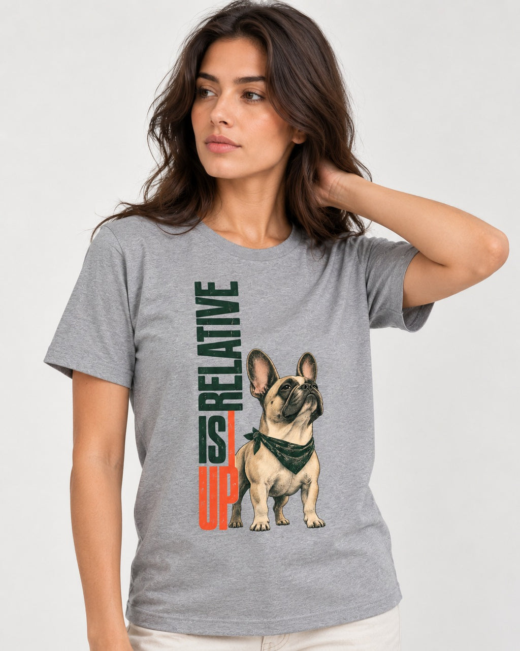 Up Is Relative Frenchie T-Shirt in Sport Grey, worn by a model