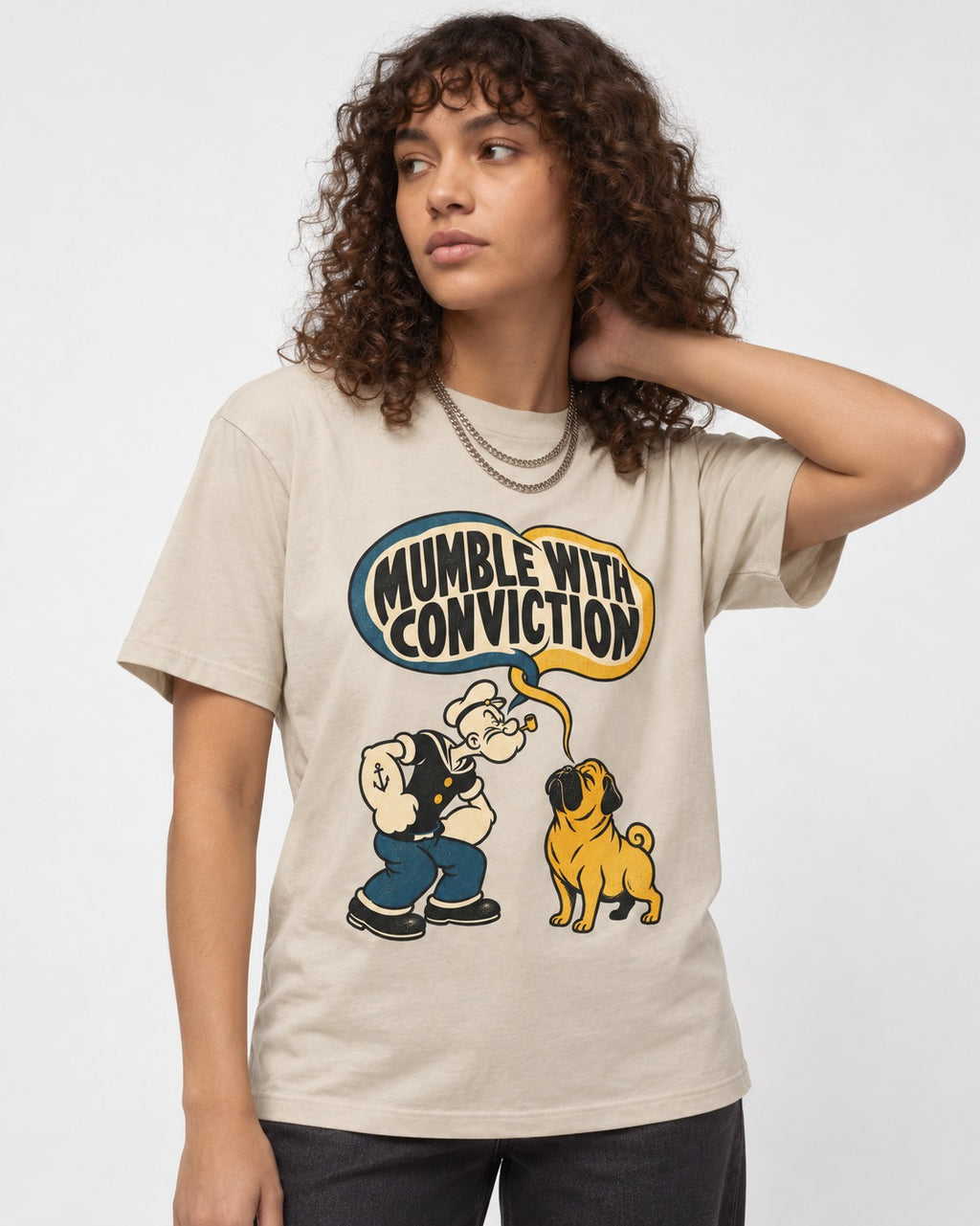 Pug Mumble with Conviction T-Shirt in Sand, worn by a model