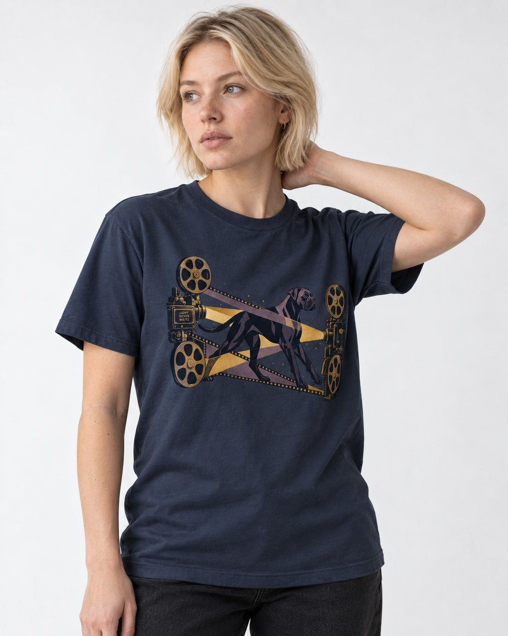 Light Never Waits Boxer Cinema Graphic T-Shirt in Navy, worn by a model