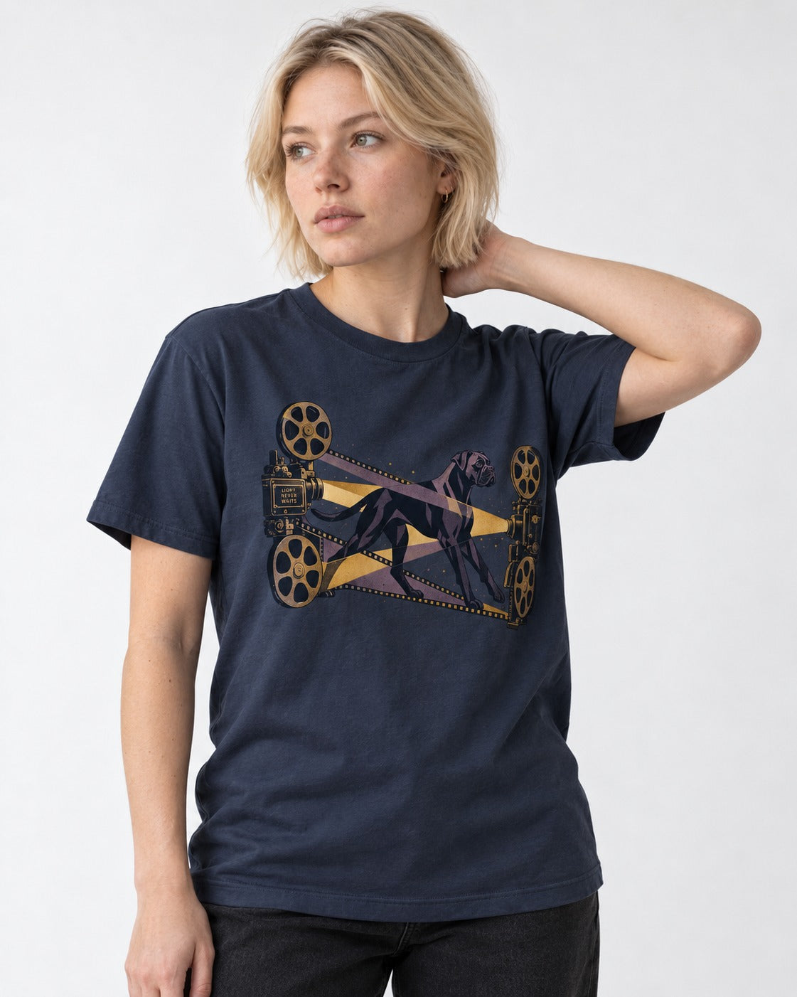 Light Never Waits Boxer Cinema Graphic T-Shirt in Navy, worn by a model