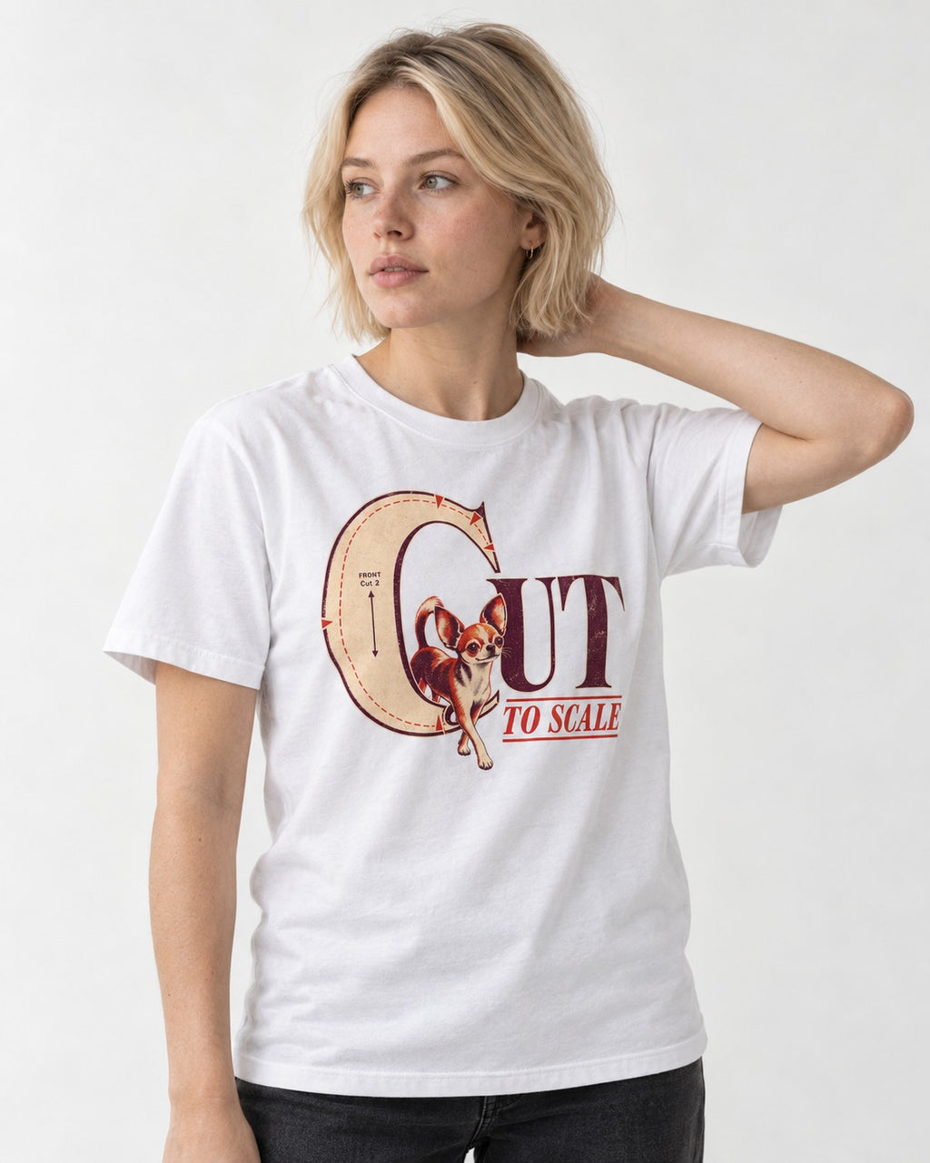 Chihuahua Cut to Scale Sewing Pattern Graphic T-Shirt in White, worn by a model