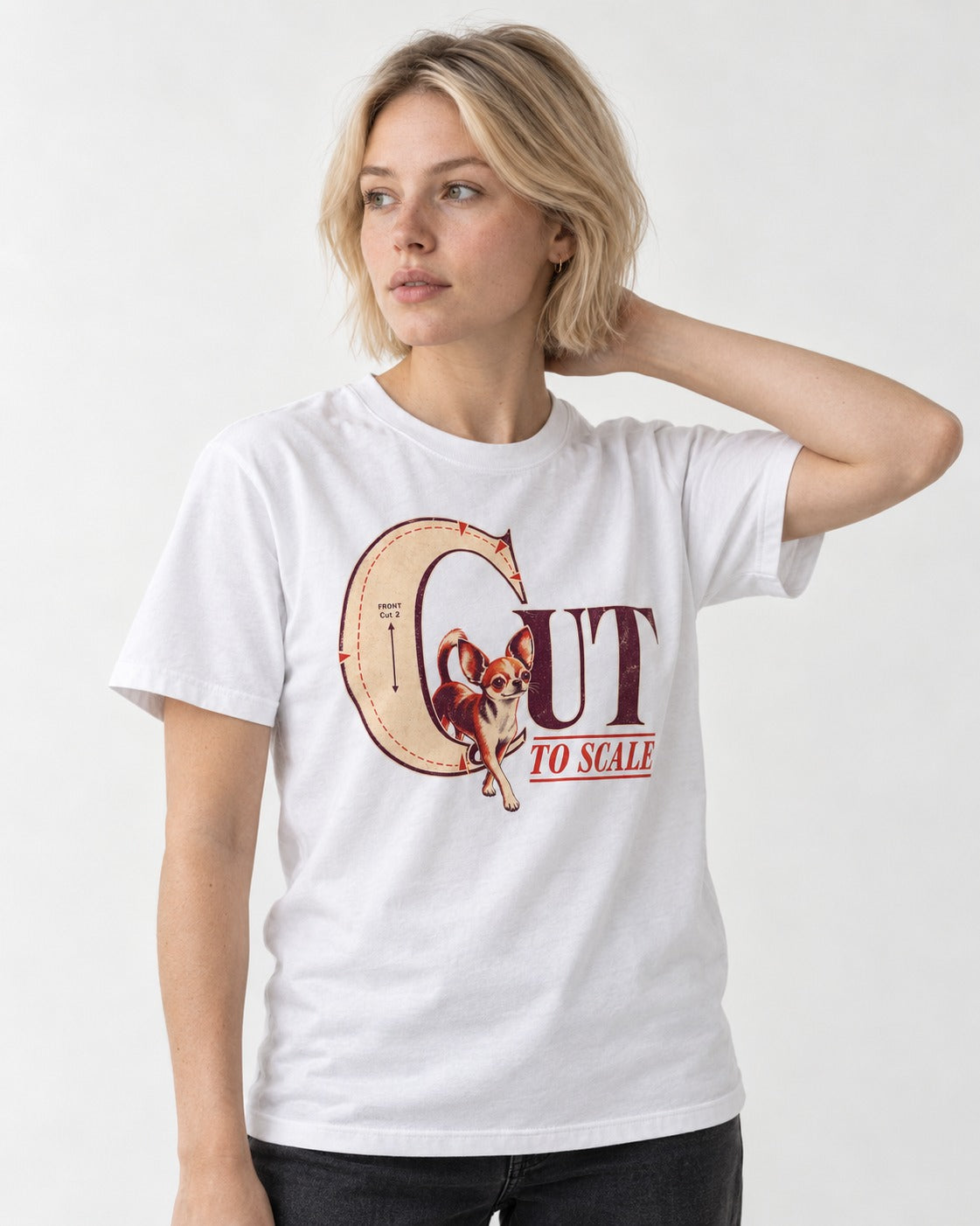 Chihuahua Cut to Scale Sewing Pattern Graphic T-Shirt in White, worn by a model