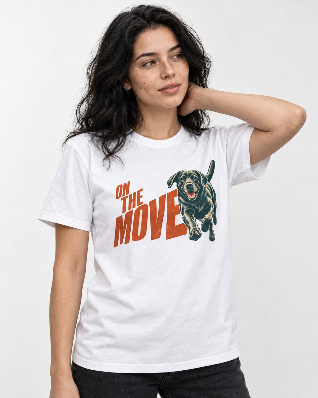Labrador Retriever On the Move Running Graphic T-Shirt in White, worn by a model