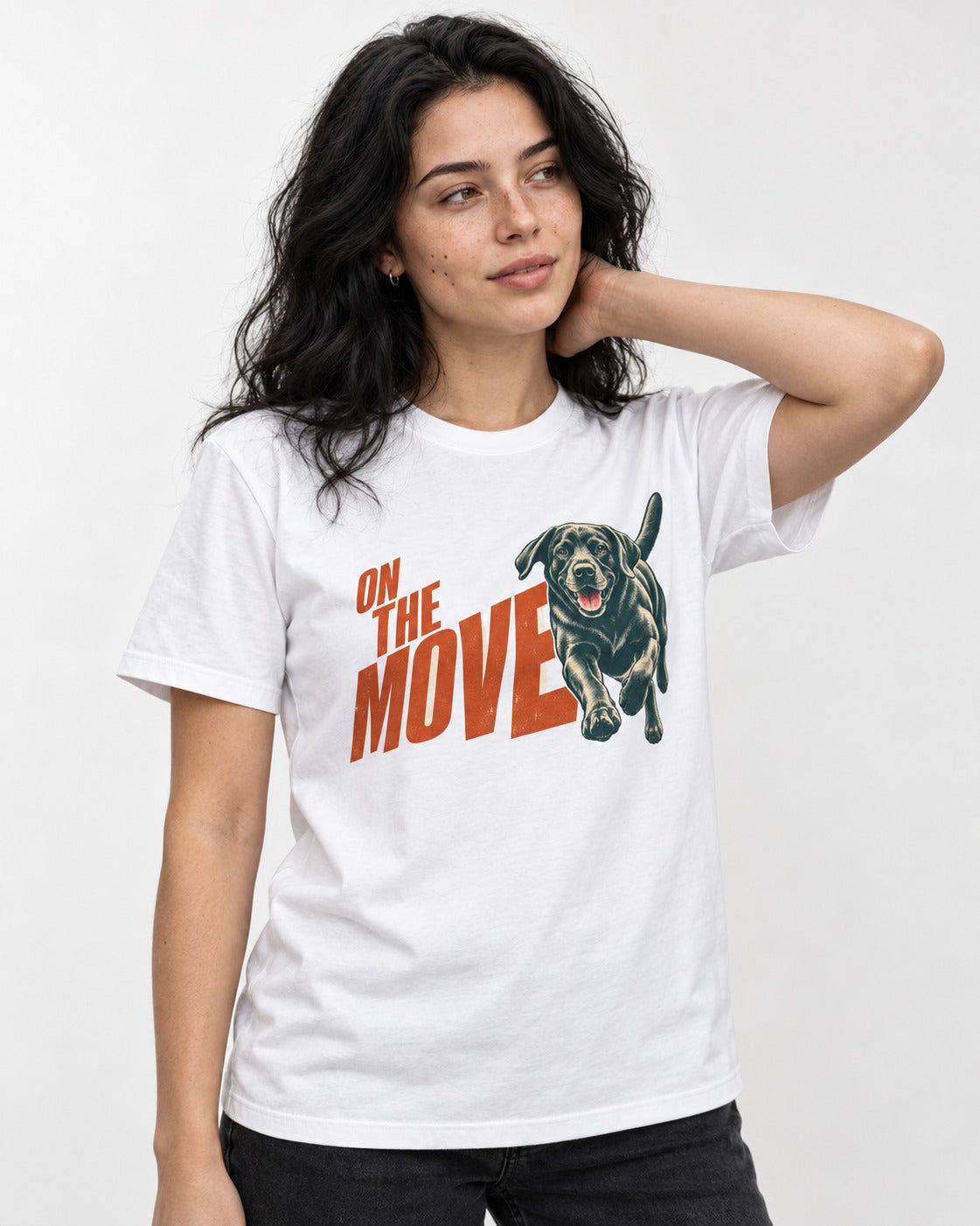 Labrador Retriever On the Move Running Graphic T-Shirt in White, worn by a model