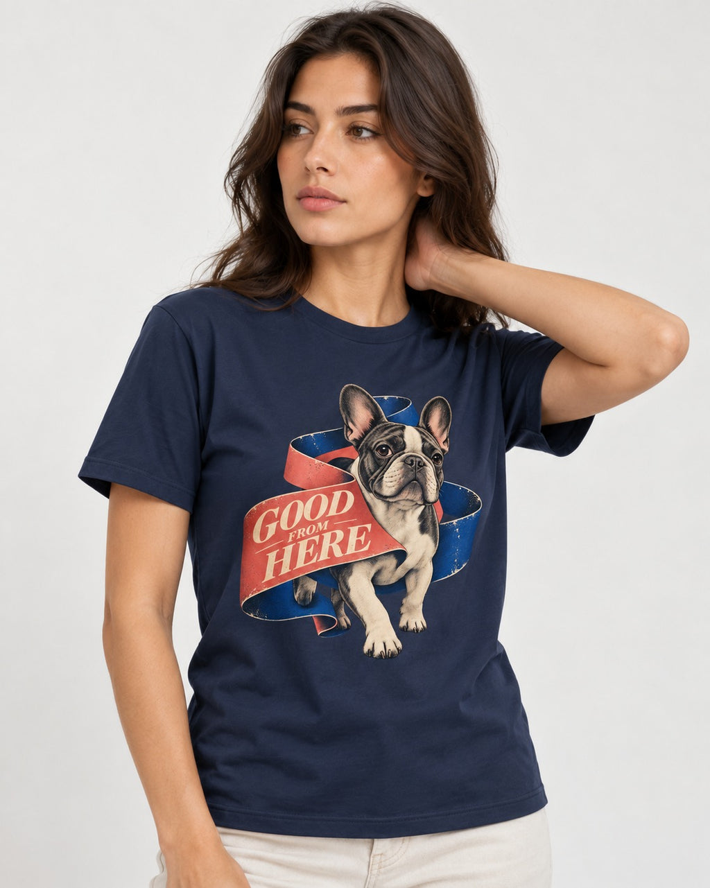 Frenchie Good From Here Ribbon Graphic T-Shirt in Navy, worn by a model
