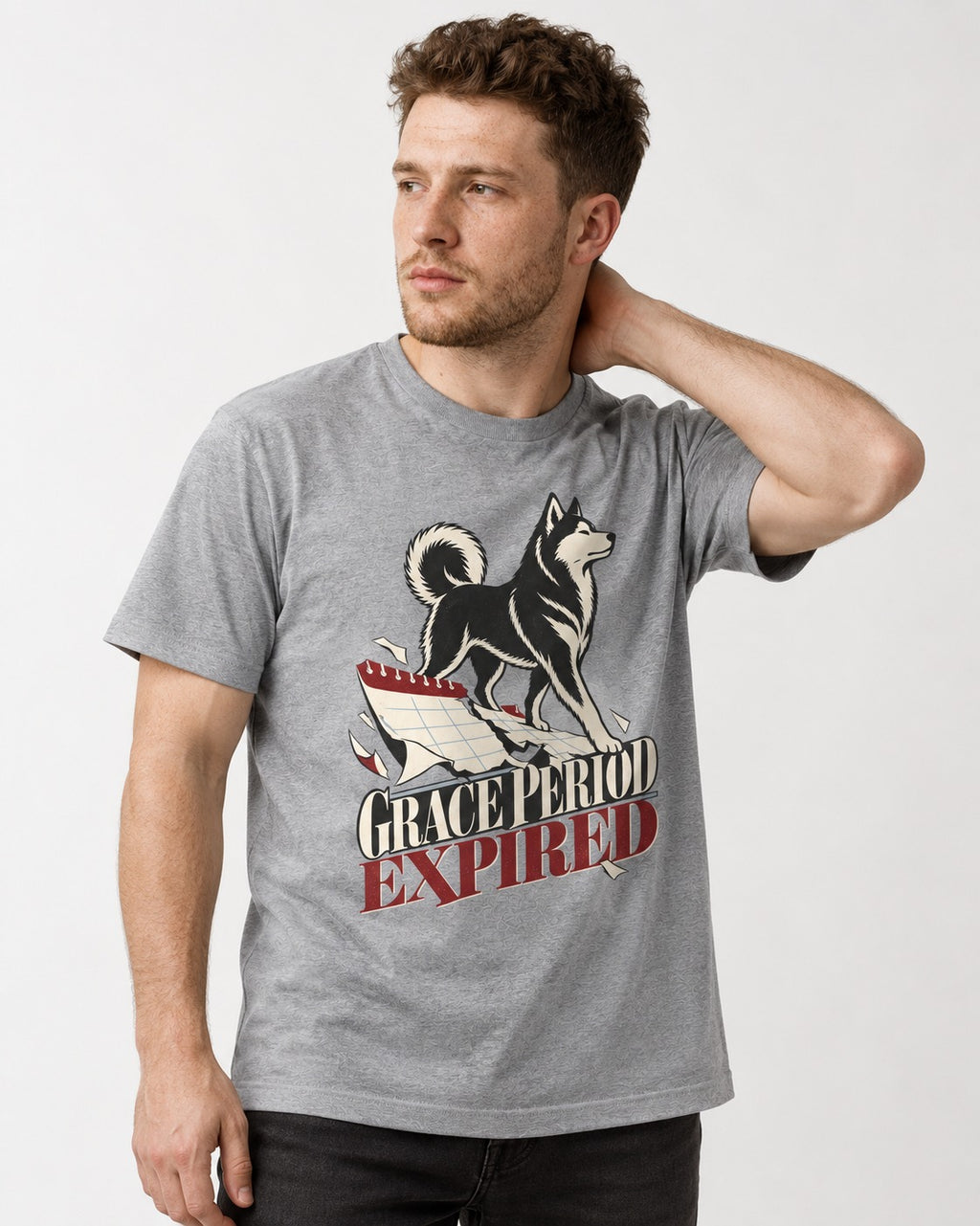 Husky Grace Period Expired Torn Calendar Graphic T-Shirt in Sport Grey, worn by a model