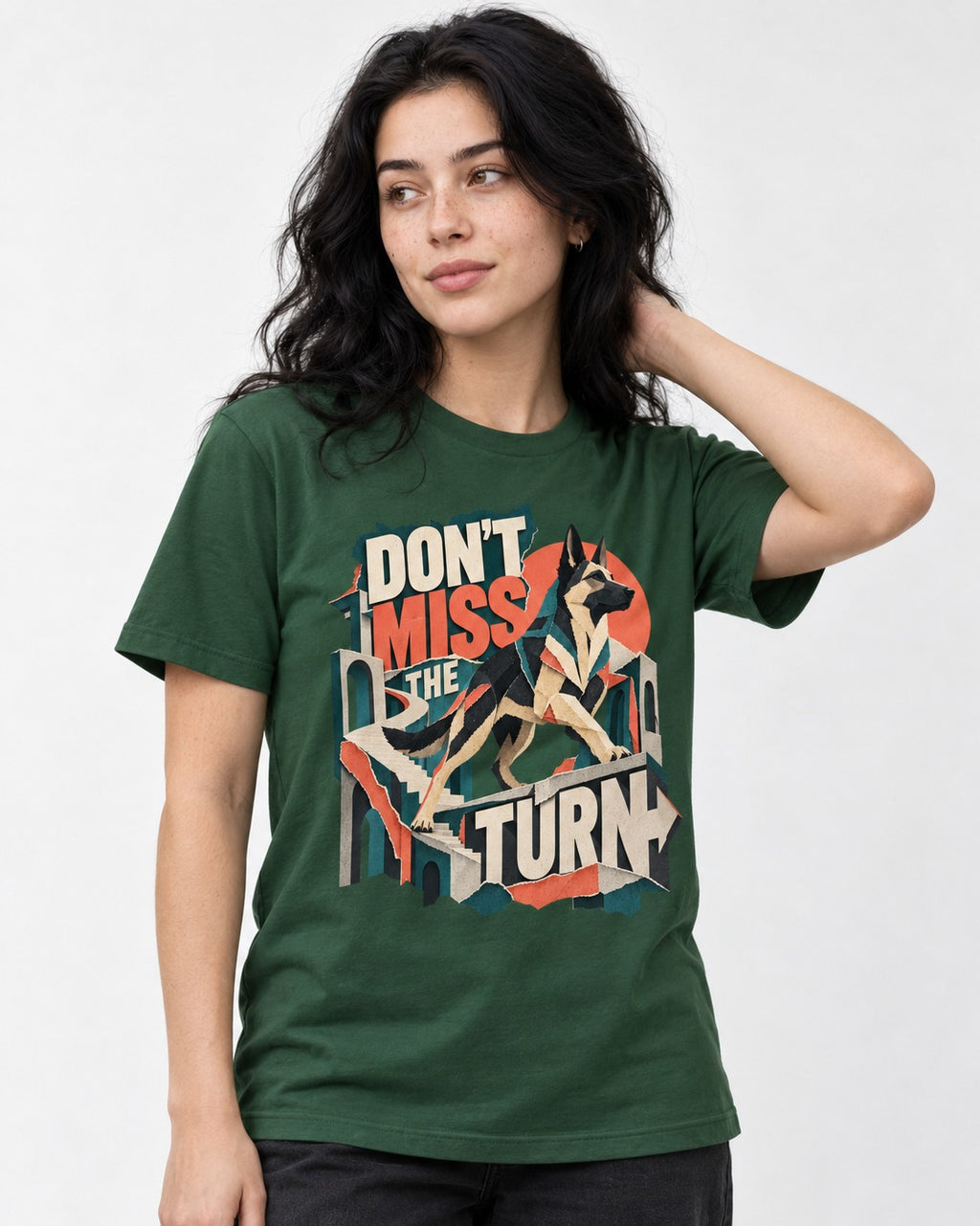 Dont Miss The Turn Escher Staircase German Shepherd Dog Graphic T-Shirt in Forest Green, worn by a model