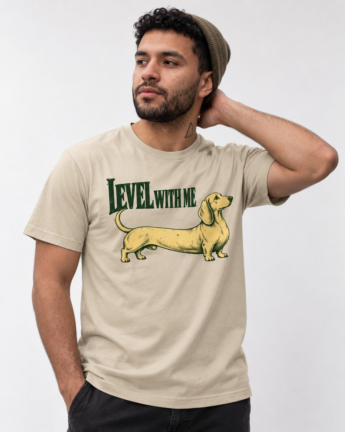 Dachshund Level with Me T-Shirt in Sand, worn by a model