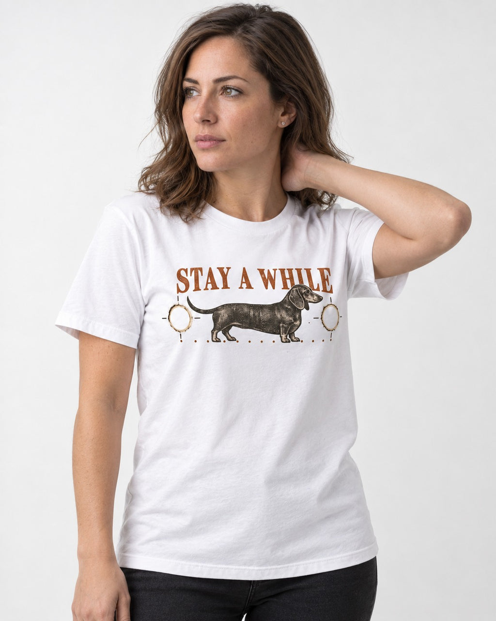 Dachshund Stay A While Ornamental Portrait Graphic T-Shirt in White, worn by a model