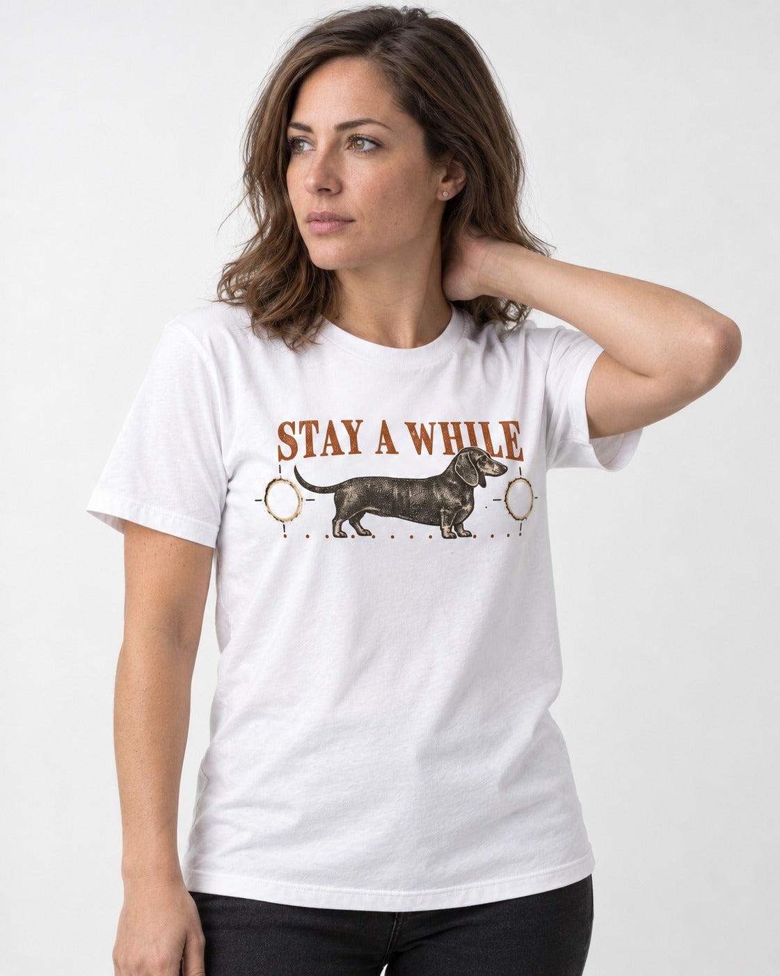 Dachshund Stay A While Ornamental Portrait Graphic T-Shirt in White, worn by a model