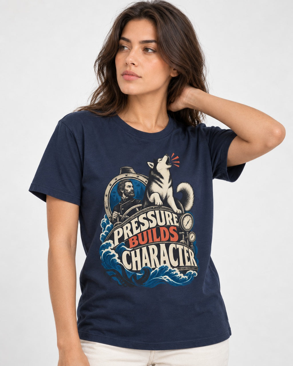 Husky Pressure Builds Character Deep Sea Graphic T-Shirt in Navy, worn by a model