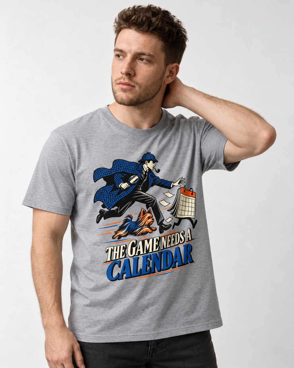 Yorkshire Terrier Game Needs a Calendar T-Shirt in Sport Grey, worn by a model