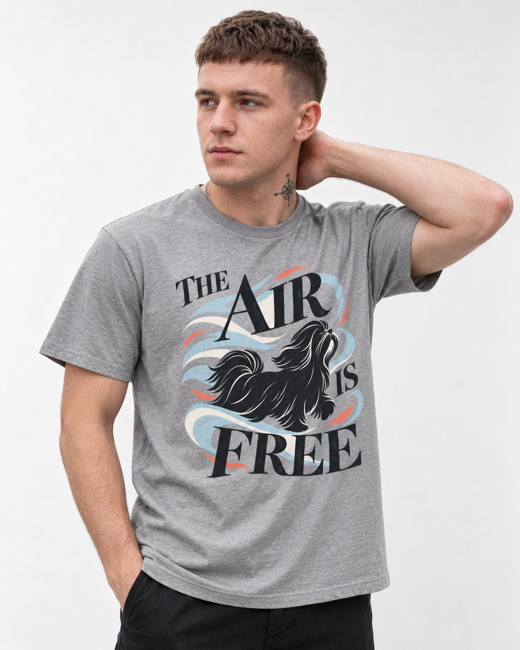 The Air Is Free Shih Tzu T-Shirt in Sport Grey, worn by a model