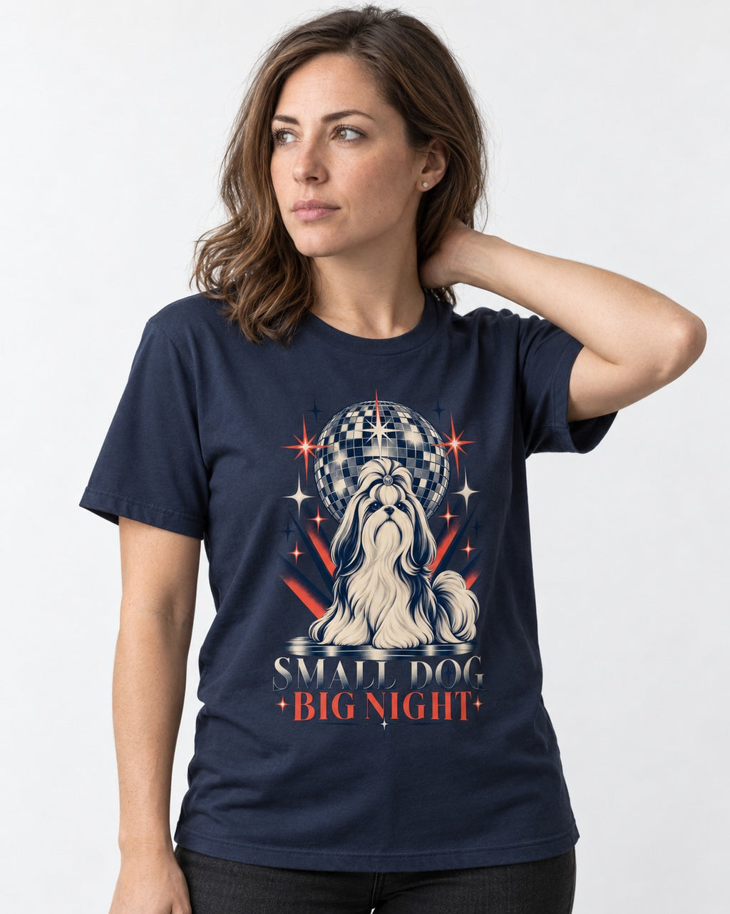 Shih Tzu Small Dog Big Night Disco Graphic T-Shirt in Navy, worn by a model