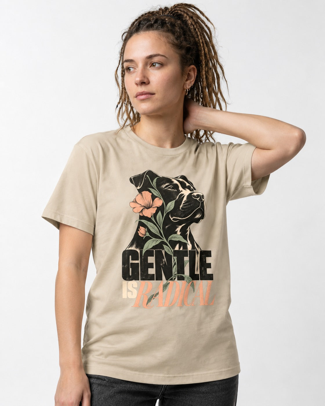 Gentle Pitbull Is Radical T-Shirt in Sand, worn by a model