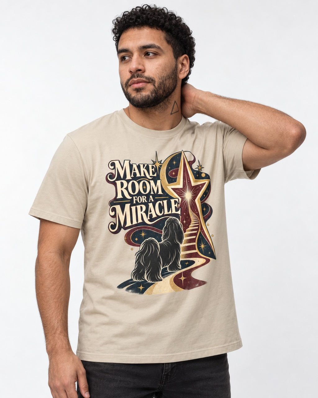 Room for a Shih Tzu Miracle T-Shirt in Sand, worn by a model